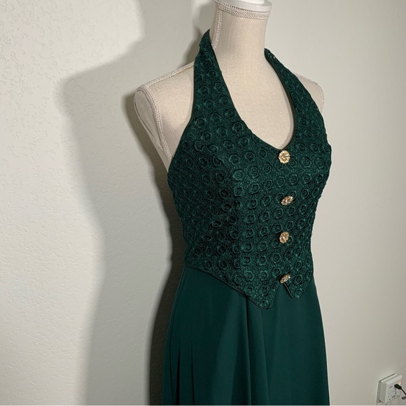 Vintage Forever USA Emerald Green Halter Floral Knit Prom Formal Gown Size 5/6 - Picture 4 of 9